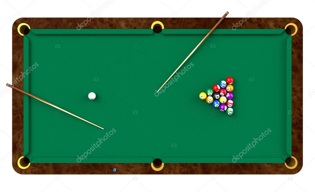 Billiard table with balls and cues