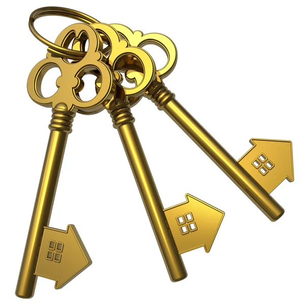 Um monte de chaves douradas em forma de casa — Fotografia de Stock