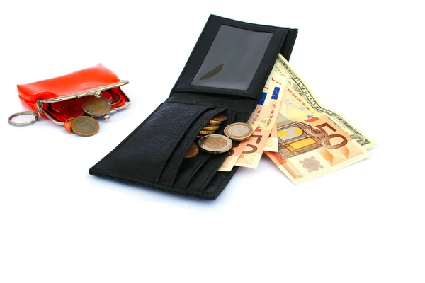 Pieniądze w dwa portfele — Zdjęcie stockowe