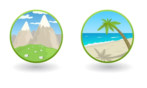 Iconos de viaje vectorial con mar y montañas — Vector de stock