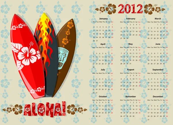 Vector Aloha calendar 2012 with surf boards — Stock Vector