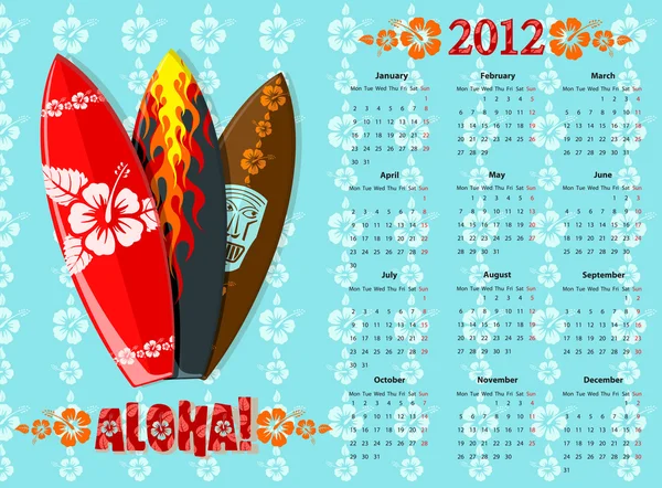 Vektorové modré aloha, Kalendář 2012 s surfovací prkna — Stockový vektor