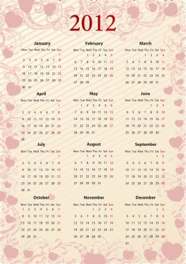 American Vector pink calendar 2012 with hearts clipart