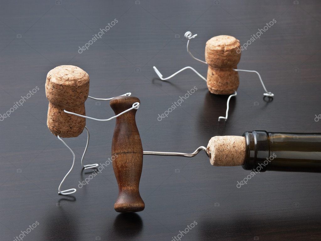 Two wine corks and bottle with corkscrew — Stock Photo © Observer 6003753