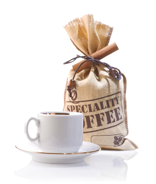 Isolierte Kaffeetasse und Sack — Stockfoto