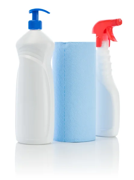 Isolierte weiße Sprays und blaues Handtuch — Stockfoto
