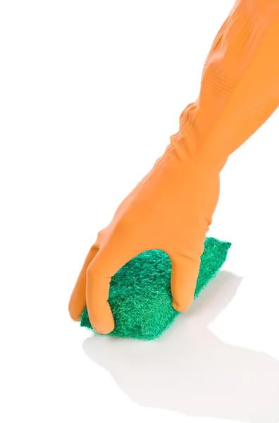 Hand in orangefarbenen Handschuh — Stockfoto