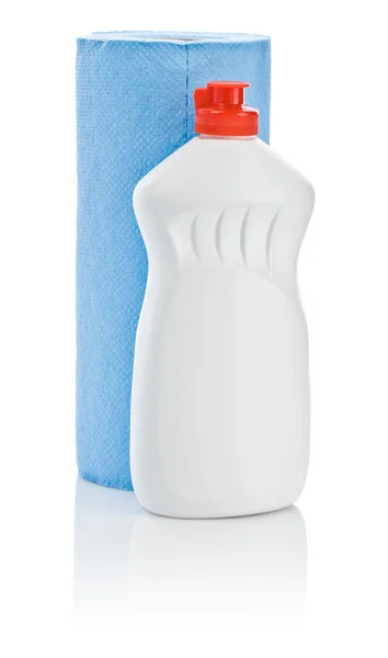 Solo limpiador blanco y toalla azul — Foto de Stock