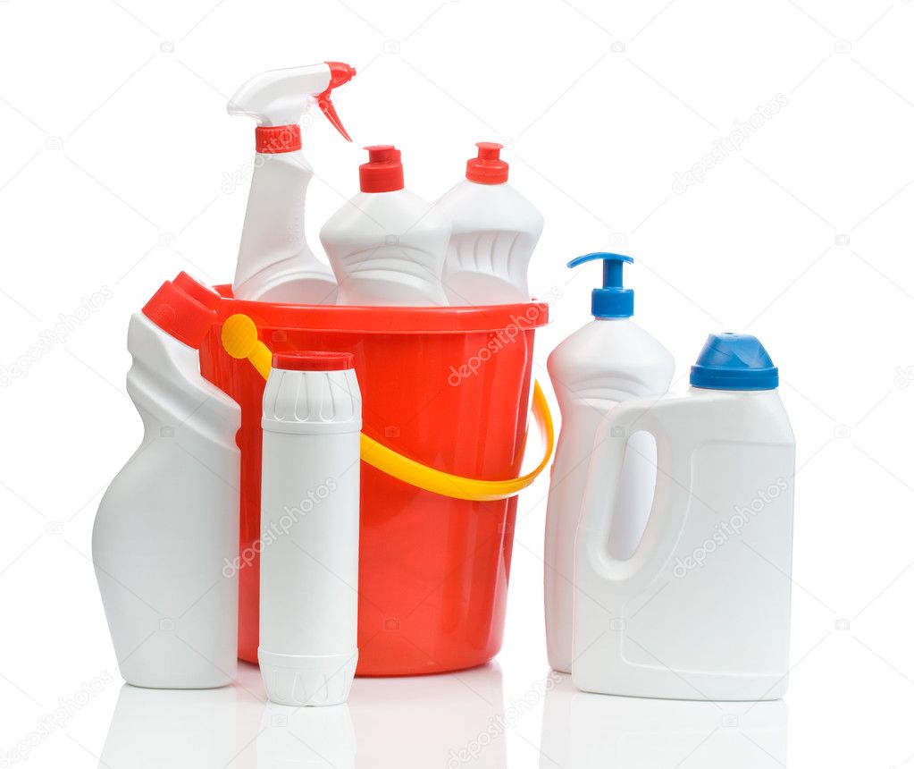 Composition of white cleaners with red bucket