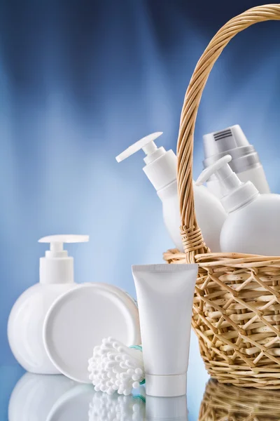 Copy space image of white care items on blue background — Stock Photo, Image