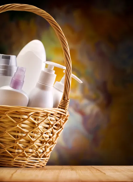 Skincare items in wicker basket — Stock Photo, Image