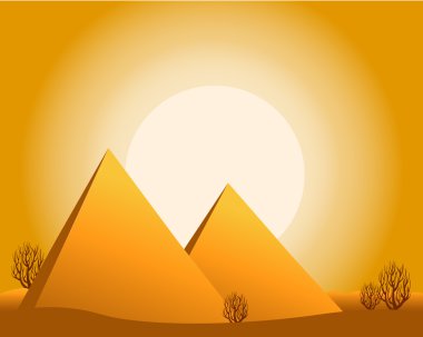 Vector illustration of a desert with sun, pyramids, bushes. clipart