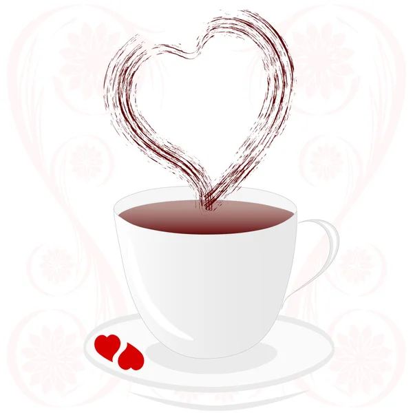 Векторная иллюстрация чашки кофе и сердца с цветочным силуэтом на баке — стоковый вектор