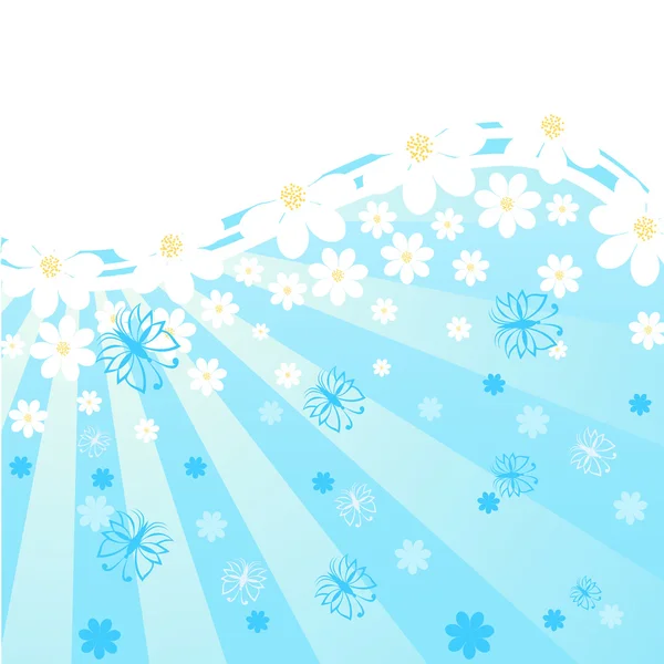 Vektorillustration eines blauen Hintergrundes mit Gänseblümchen, Schmetterling — Stockvektor