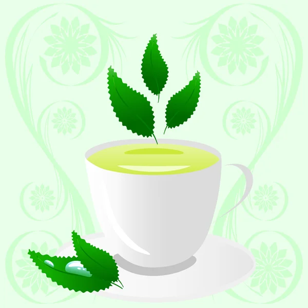 Векторная иллюстрация чашки зеленого чая с листьями — стоковый вектор