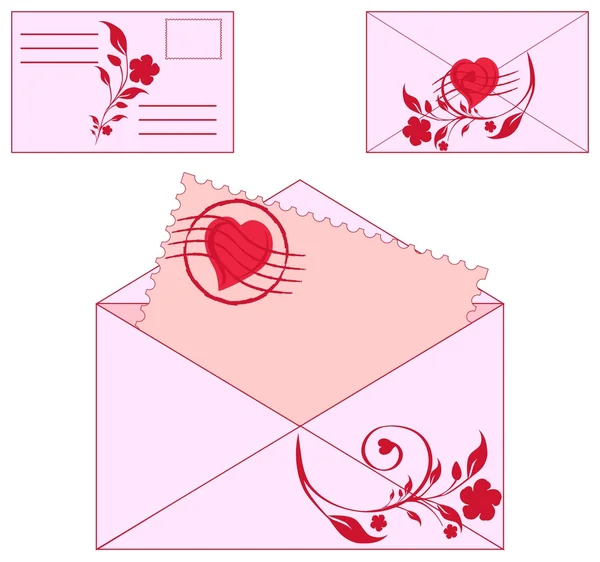 Векторная иллюстрация конвертов с цветочным орнаментом и сердцем . — стоковый вектор