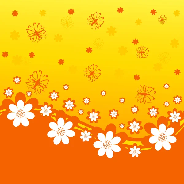 Vector illustration of an orange background with daisies and but — Stock Vector