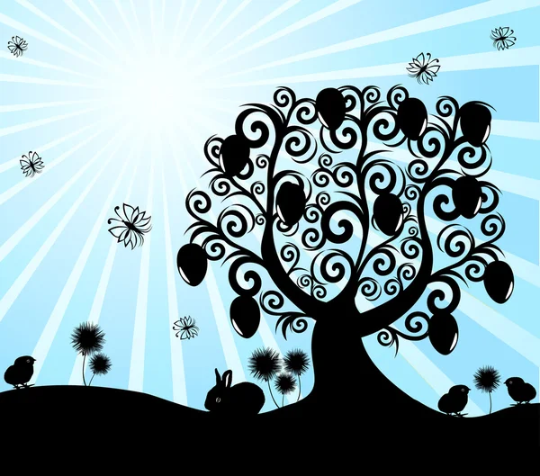 Vektor-Illustration eines Osterbaums auf sonnigem Hintergrund — Stockvektor