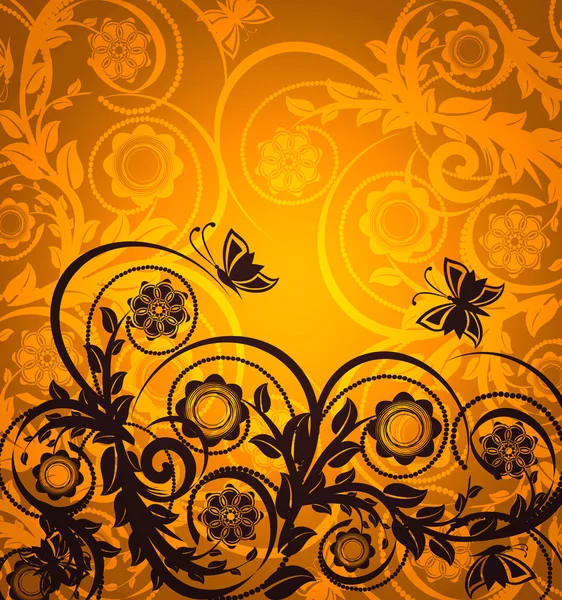 Vektorillustration eines orangefarbenen Blumenschmucks mit Schmetterling — Stockvektor