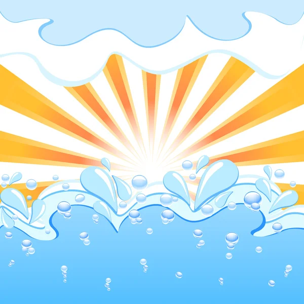 矢量太阳与海浪的插图和水滴 — 图库矢量图片