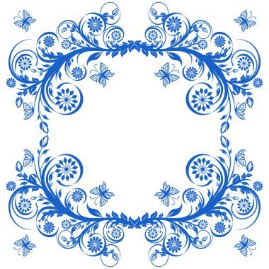 Vector illustration of a blue floral frame with butterflies. clipart