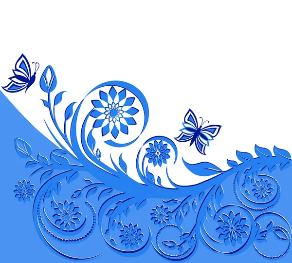Ilustración vectorial de un marco floral azul con mariposas . — Vector de stock