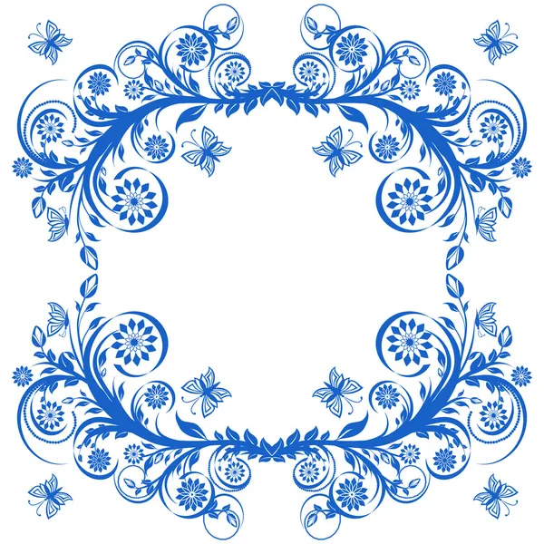 Illustrazione vettoriale di una cornice floreale blu con farfalle . — Vettoriale Stock