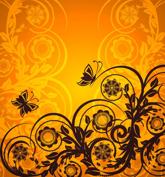 Vektorillustration eines orangefarbenen Blumenschmucks mit Schmetterling. — Stockvektor