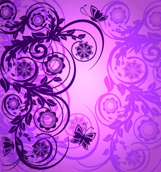 Ilustração vetorial de um ornamento floral roxo com borboleta — Vetor de Stock