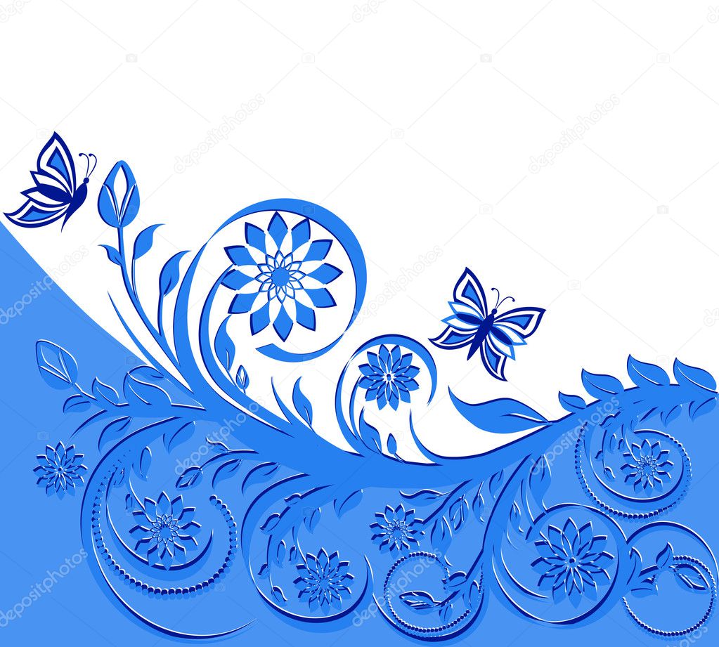 Vector illustration of a blue floral frame with butterflies.