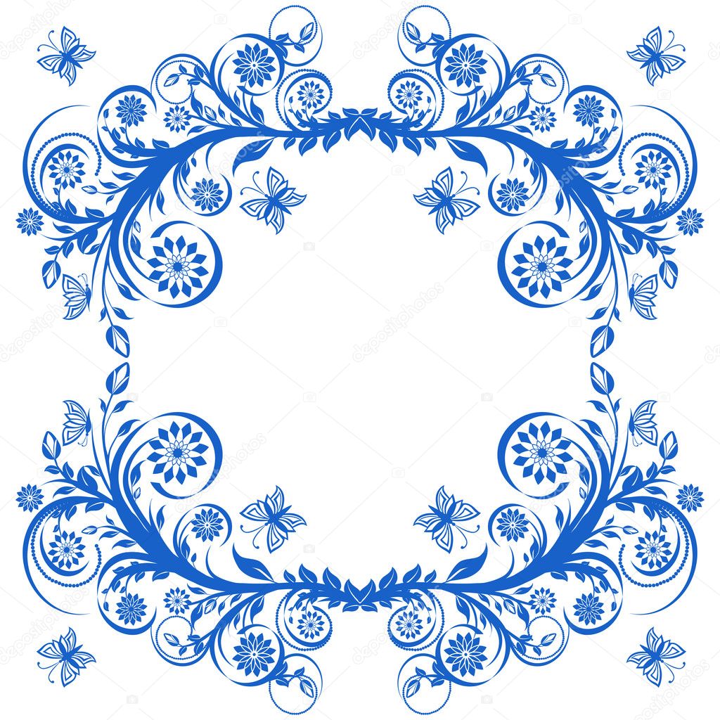 Vector illustration of a blue floral frame with butterflies.