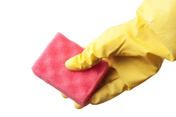 Hand in beschermende handschoen houden rode spons geïsoleerd over Wit — Stockfoto