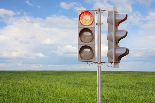 Traffic light stans under the meadow — Stock Photo, Image