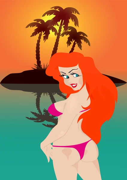 Sexfrau lächelt gegen tropische Insel. — Stockfoto