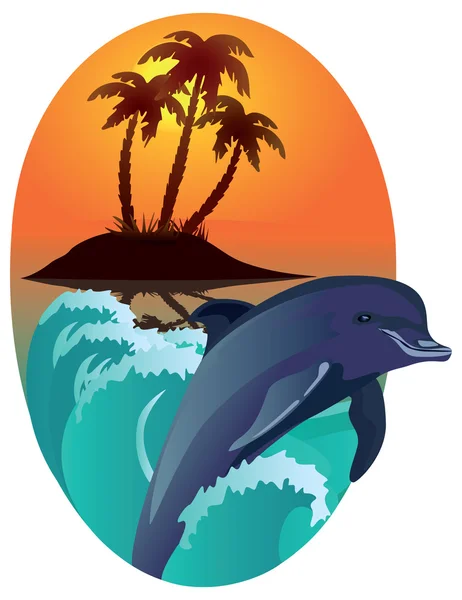 Delfiny przed tropikalna wyspa. — Zdjęcie stockowe