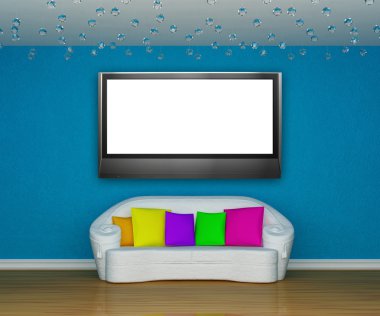 Blue minimalist living room with white couch with colored cushio clipart