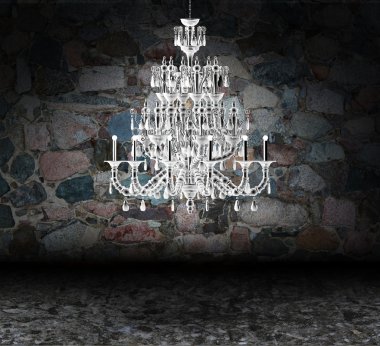 Crystal chandelier hanging in a dark grungy room clipart