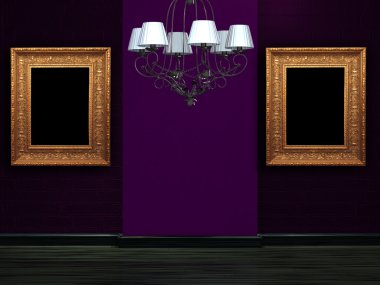 Empty wall with luxury chandelier and picture frames clipart