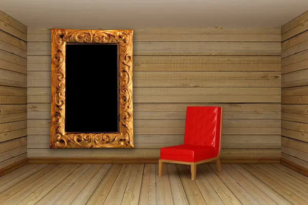 Soggiorno minimalista in legno con sedia rossa e cornice — Foto Stock