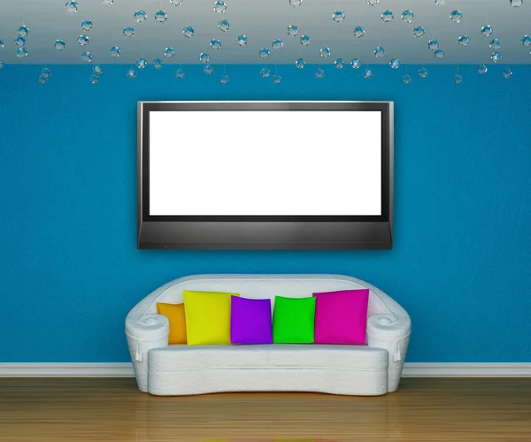 Niebieski minimalistyczny salon z białej kanapie z kolorowymi cushio — Zdjęcie stockowe