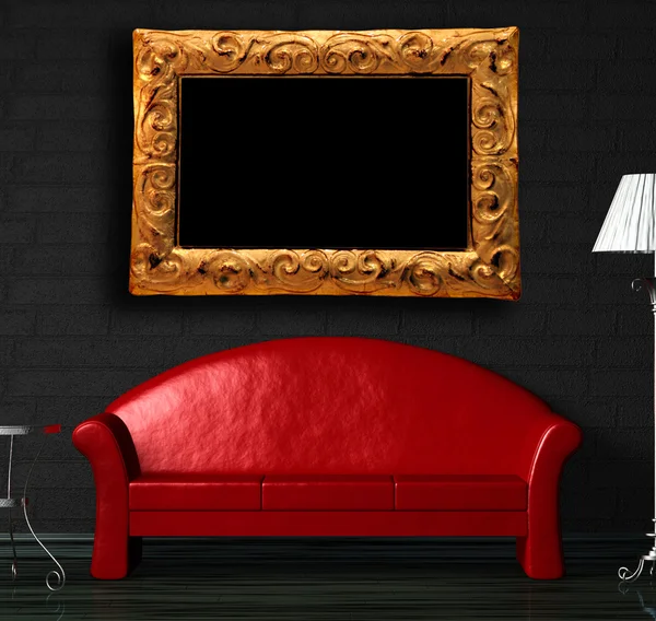 Röd soffa, bord och standardlampa med moderna fotoram — Stockfoto