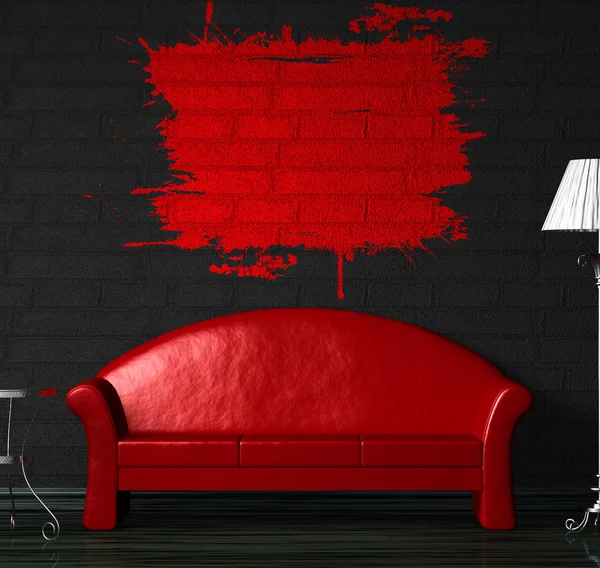 Canapé rouge, table et lampe standard avec cadre éclaboussant sur le mur — Photo