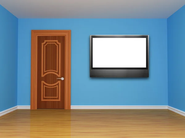 Блакитна кімната з дверима і LCD телевізором — стокове фото