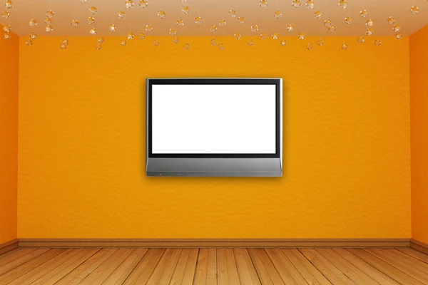 Помаранчева кімната з LCD телевізором — стокове фото