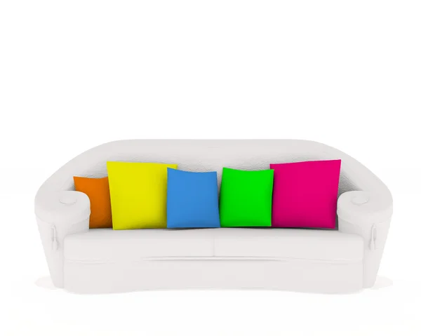 Weiße Couch mit farbigem Kissen isoliert auf weiß — Stockfoto