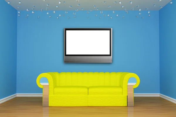 Sala de estar minimalista azul con sofá amarillo y TV LCD —  Fotos de Stock
