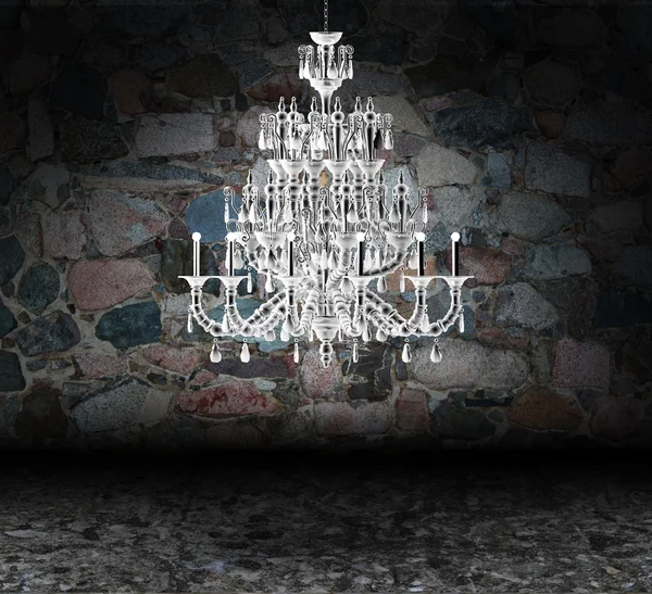 Crystal chandelier hanging in a dark grungy room — Stock Photo, Image