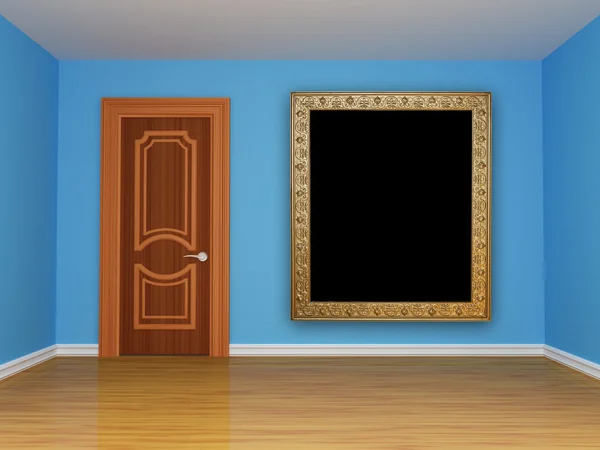 Niebieski pokój z drzwi i duża ramka — Zdjęcie stockowe