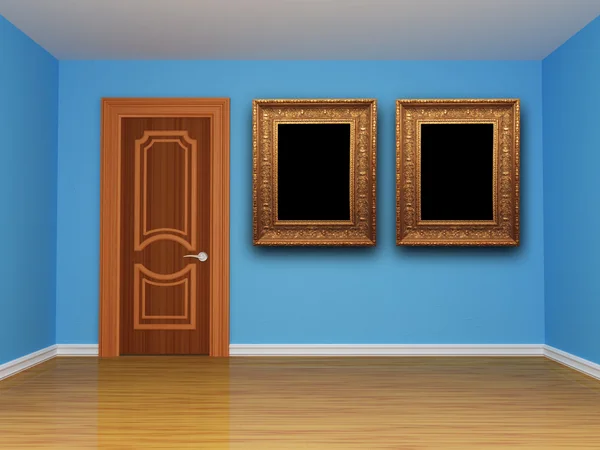 Blue room with door and picture frames — Stock Photo, Image