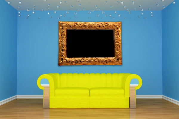 Niebieski pokój dzienny z żółty kanapie i nowoczesne ramki — Zdjęcie stockowe